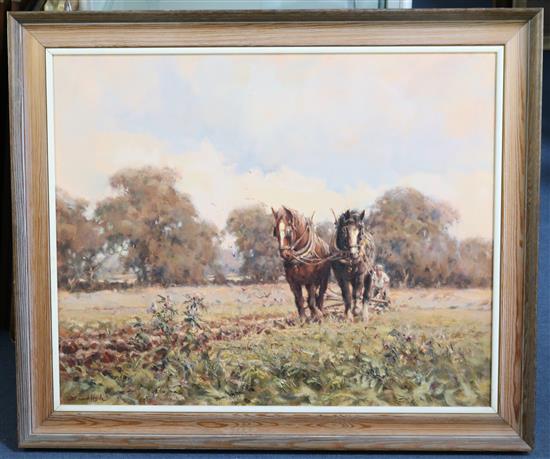 David Hyde (1947-) Shire horses ploughing a field, 26 x 31.5in.